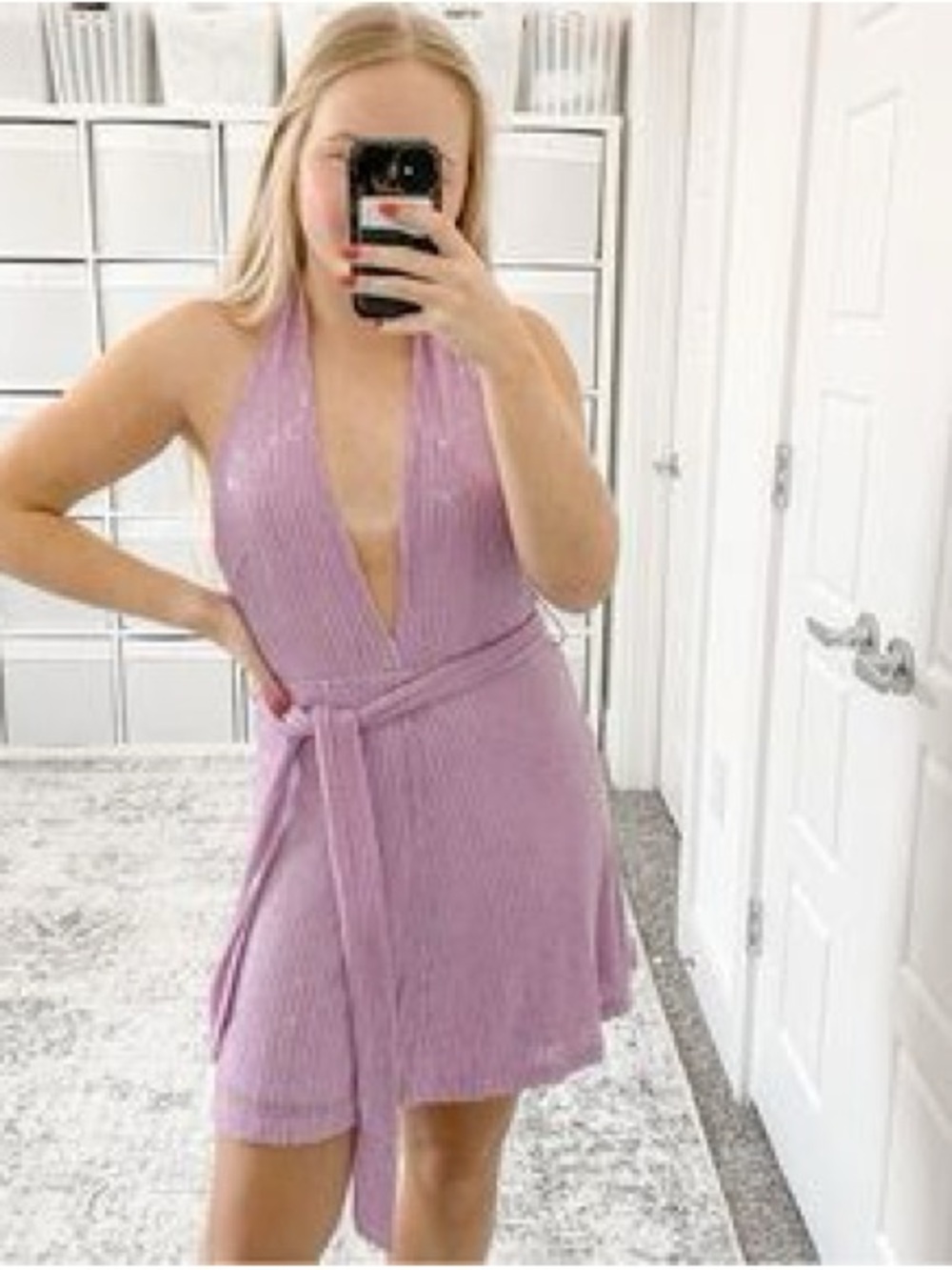 NWT MISHA Collection Tia Purple Sequin Mini Halter Dress Lilac Size 4 Party